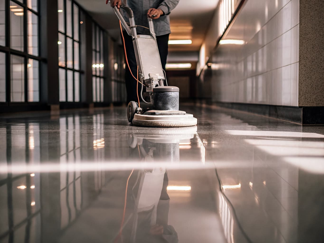 Industrial floor buffer polishing commercial floor